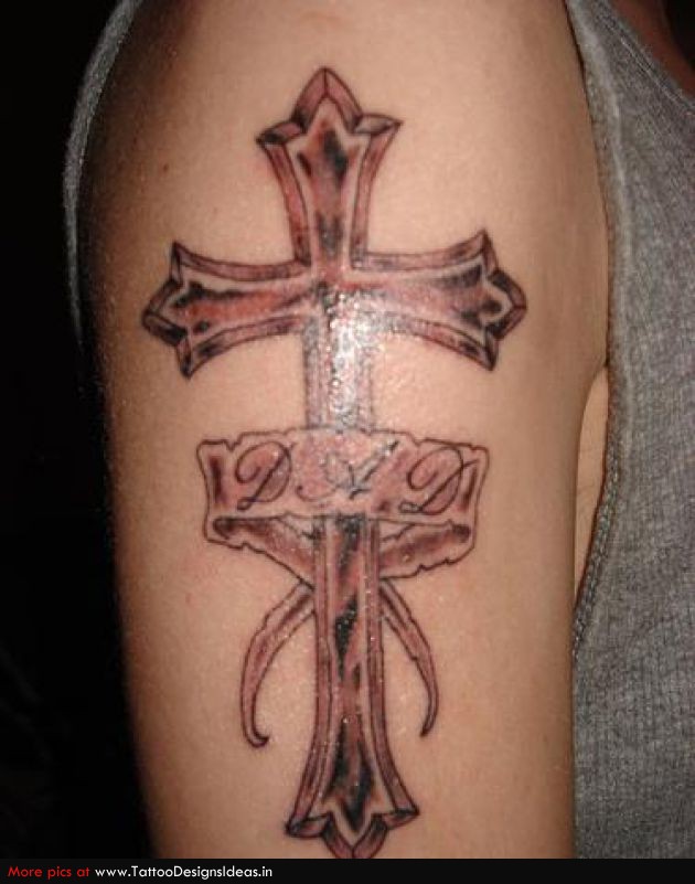 Memorial Cross With Dad Banner Tattoo On Man Right Half Sleeve