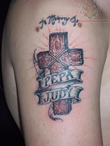 Memorial Cross With Pepa Judy Banner Tattoo Design For Half Sleeve