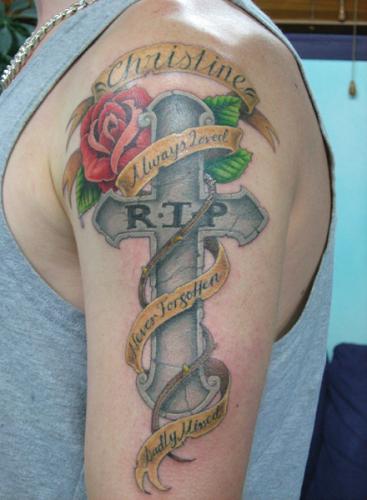 Memorial Cross With Rose And Banner Tattoo On Man Left Half Sleeve