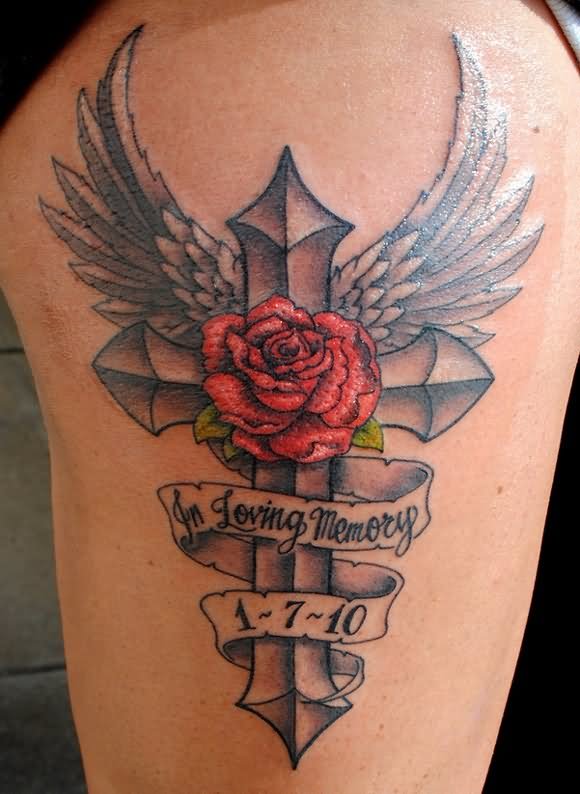 Memorial Cross With Rose And Wings Tattoo Design For Thigh
