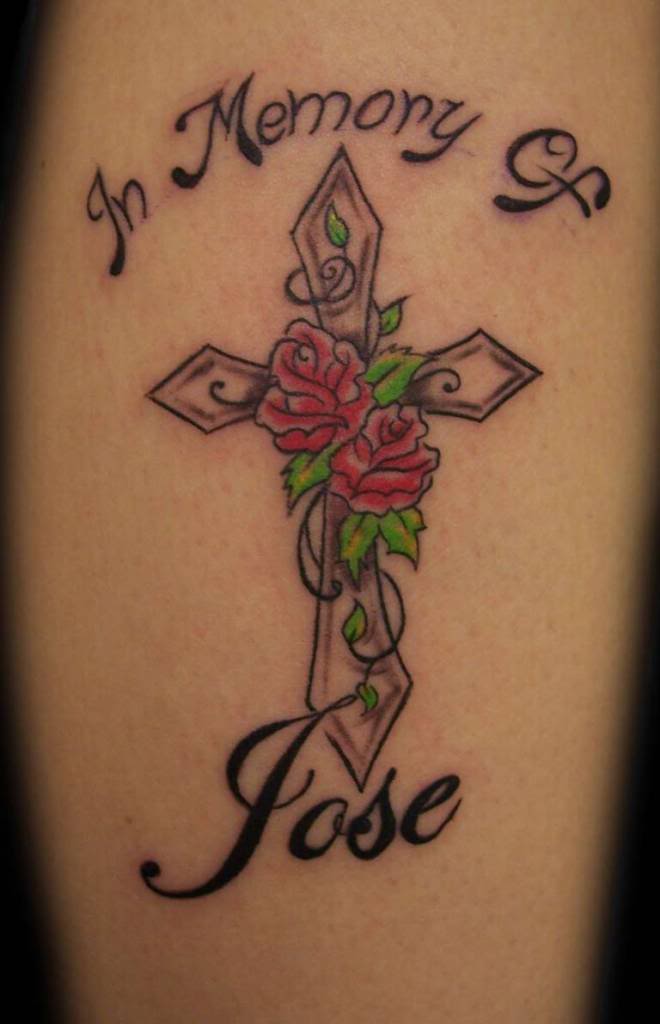Memorial Cross With Roses Tattoo Design For Half Sleeve