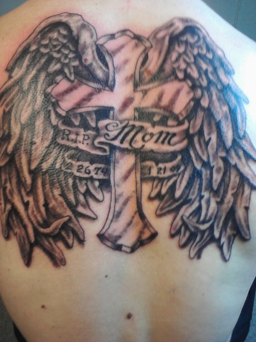 Memorial Cross With Wings And Banner Tattoo Design For Upper Back