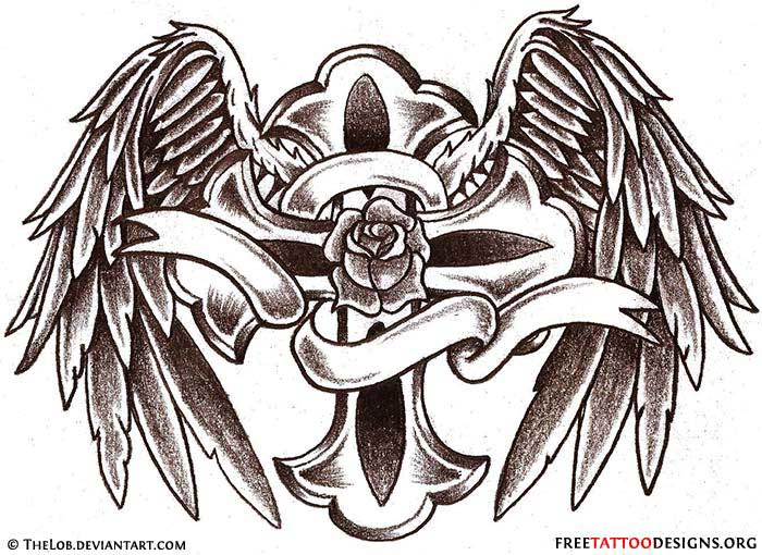 Memorial Cross With Wings And Ribbon Tattoo Design