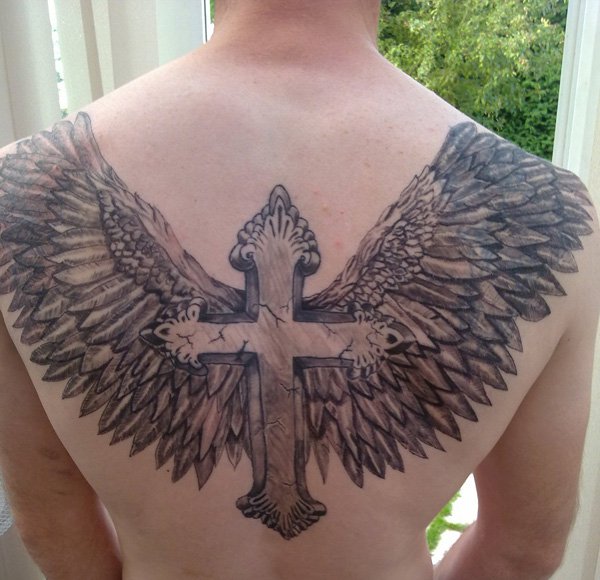 Memorial Cross With Wings Tattoo On Man Upper Back