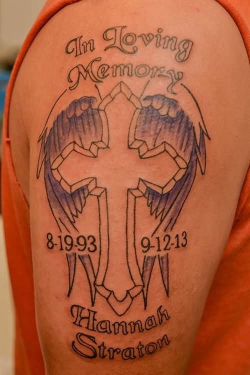 Memorial Cross With Wings Tattoo On Right Half Sleeve