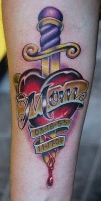 Memorial Dagger In Heart With Mom Banner Tattoo Design For Forearm