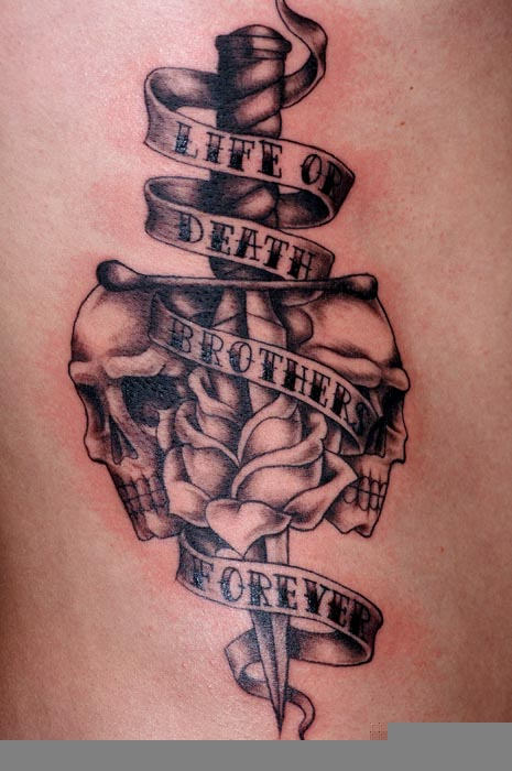 Memorial Dagger In Rose With Skull And Live Of Death Brother Forever Banner Tattoo Design