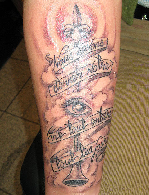 Memorial Eye With Banner Tattoo Design For Forearm