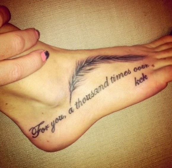 Memorial Feather Tattoo On Girl Foot For Brother