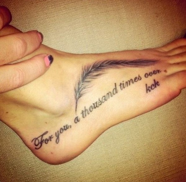 Memorial Feather Tattoo On Girl Foot