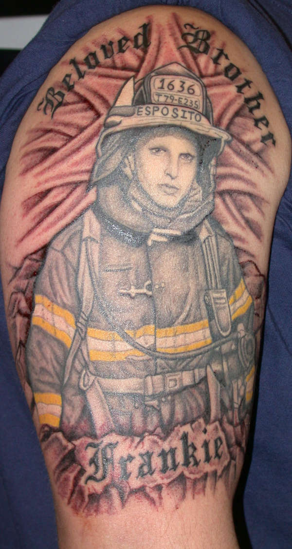 Memorial Firefighter Tattoo On Right Half Sleeve