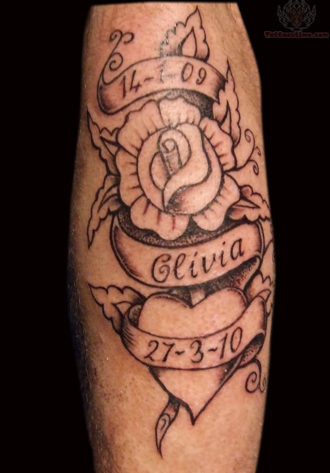 Memorial Flower And Heart With Banner Tattoo Design For Sleeve