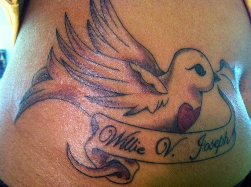 Memorial Flying Bird With Banner Tattoo Design For Side Rib