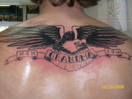 Memorial Flying Eagle With Grandma Banner Tattoo On Upper Back
