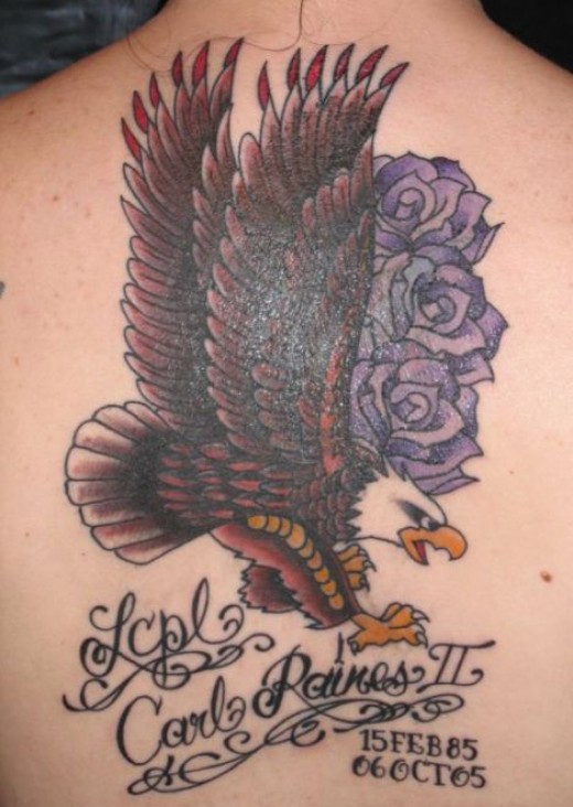 Memorial Flying Eagle With Roses Tattoo On Upper Back