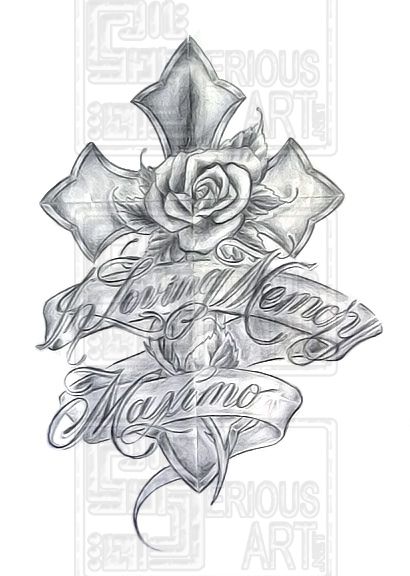 Memorial Grey Ink Cross With Rose And Banner Tattoo Design
