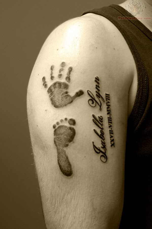 Memorial Hand And Foot Print Tattoo On Half Sleeve For Grandpa