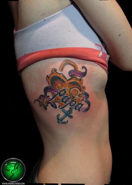 Memorial Heart Lock With Anchor Tattoo On Girl Side Rib