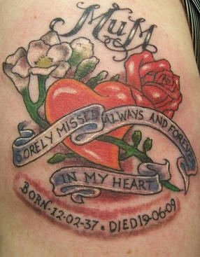 Memorial Heart With Rose And Banner Tattoo Design