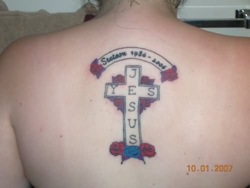 Memorial Jesus Cross With Banner Tattoo On Upper Back