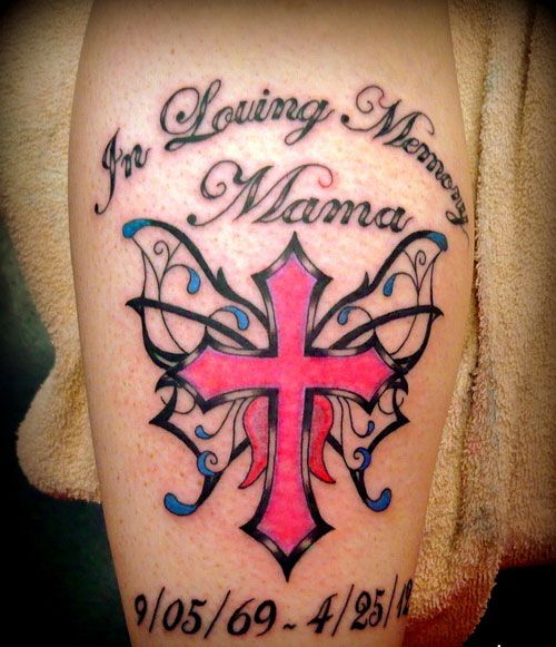Memorial Pink Cross With Butterfly Wings Tattoo Design For Sister