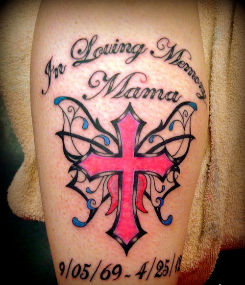 Memorial Pink Cross With Tribal Wings Tattoo Design For Half Sleeve