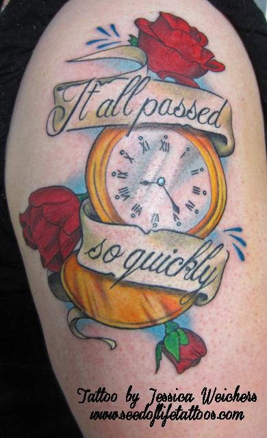 Memorial Pocket Watch With Roses And Banner Tattoo On Half Sleeve