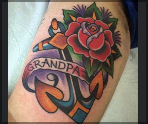 Memorial Rose With Anchor And Grandpa Banner Tattoo Design