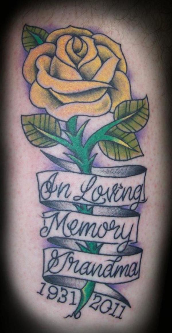 Memorial Rose With In Loving Memory Grandma Banner Tattoo Design