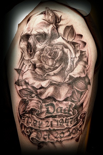 Memorial Rose With Skull And Banner Tattoo Design For Half Sleeve