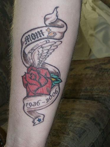 Memorial Rose With Wings And Mom Banner Tattoo Design For Half Sleeve