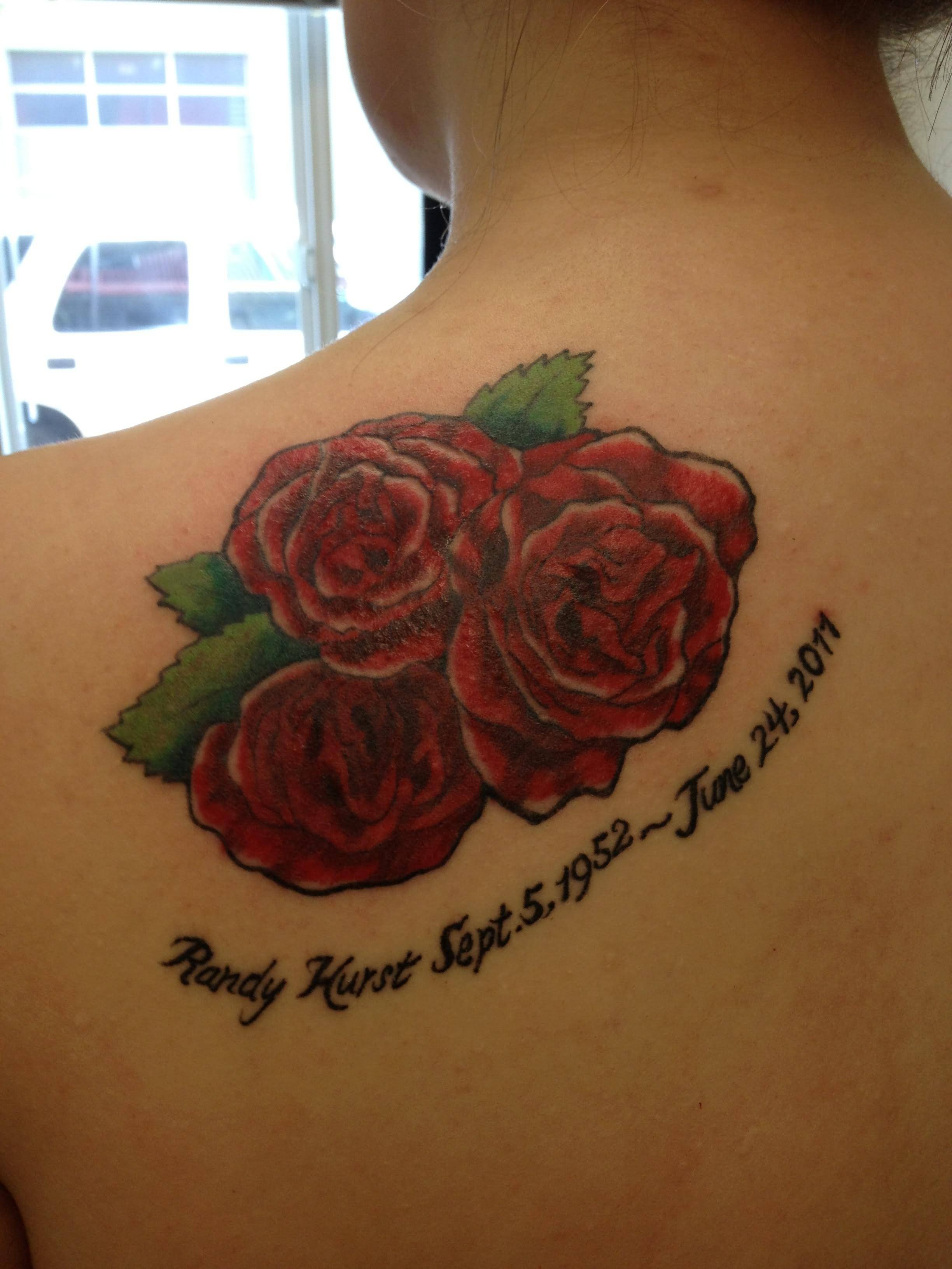 Memorial Roses Tattoo On Left Back Shoulder For Grandpa