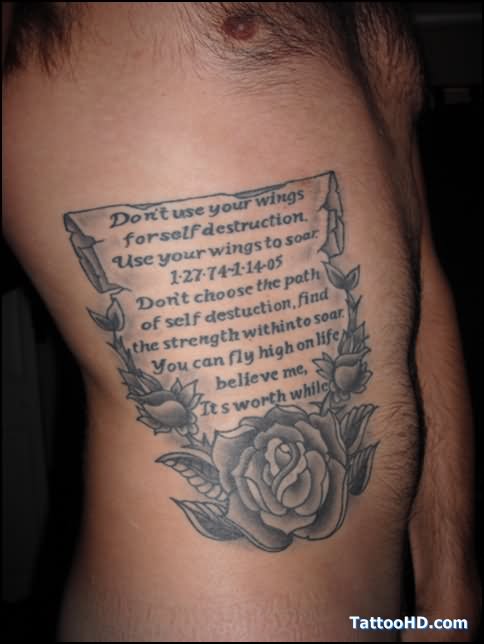 Memorial Scroll With Rose Tattoo On Man Side Rib