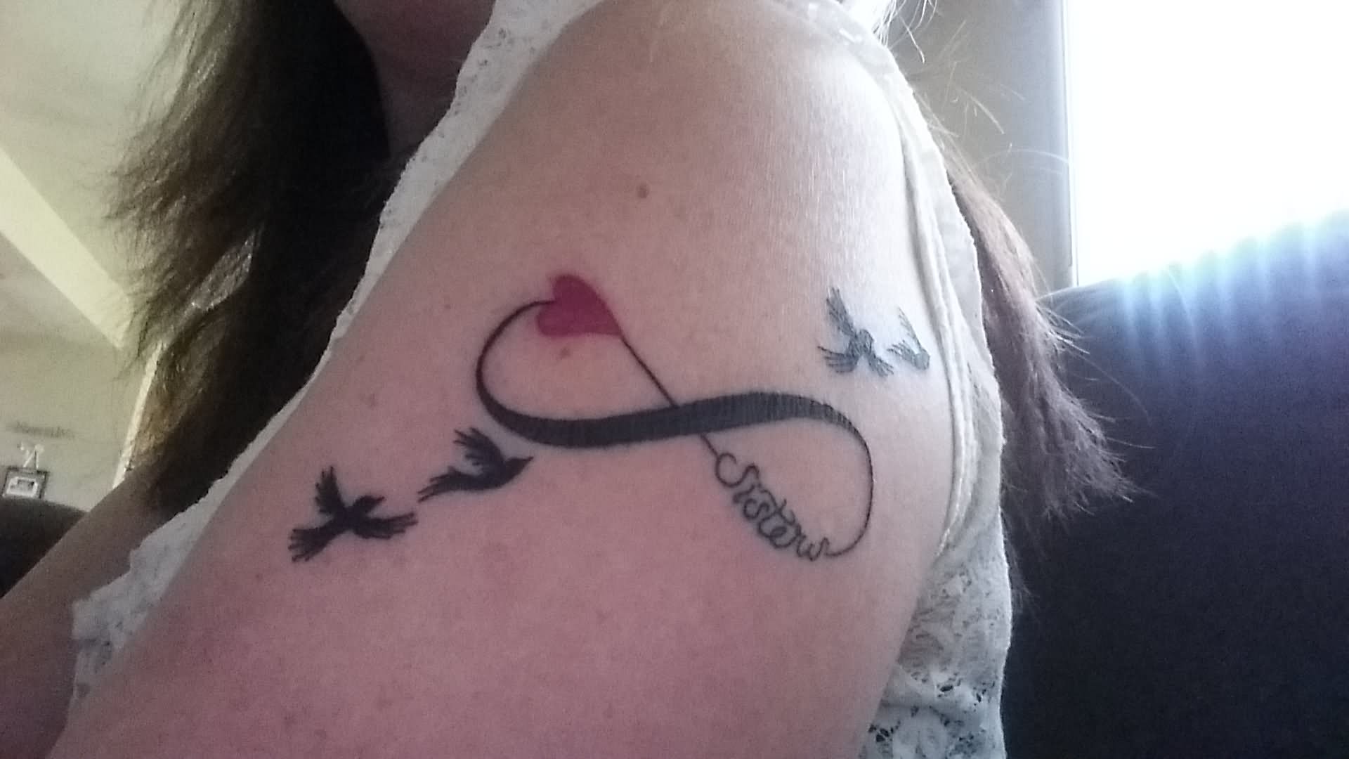 Memorial Sister Infinity With Flying Birds Tattoo On Girl Left Shoulder