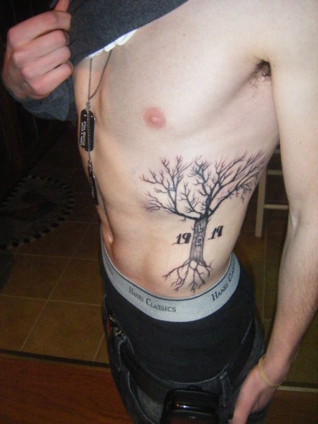 Memorial Tree Without Leaves Tattoo On Man Side Rib