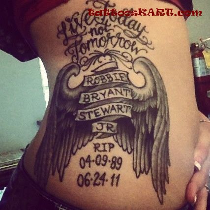 Memorial Wings With Banner Tattoo On Man Side Rib