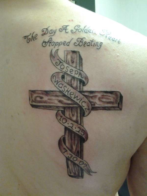 Memorial  Wooden Cross With Banner Tattoo On Right Back Shoulder