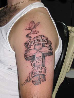 Memorial Wooden Cross With Grandpa Banner Tattoo On Man Left Shoulder