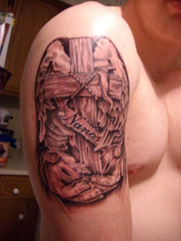 Memorial Wooden Cross With Wings Tattoo On Shoulder For Grandma