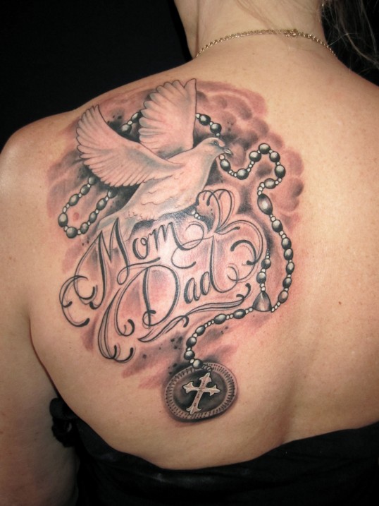Mom Dad - Memorial Rosary Cross With Flying Bird Tattoo On Left Back Shoulder