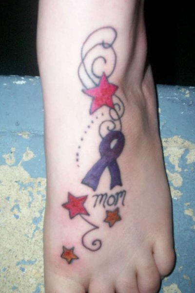 Mom - Memorial Cancer Ribbon With Stars Tattoo On Foot