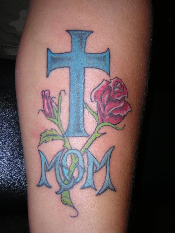 Mom - Memorial Cross With Rose Tattoo Design