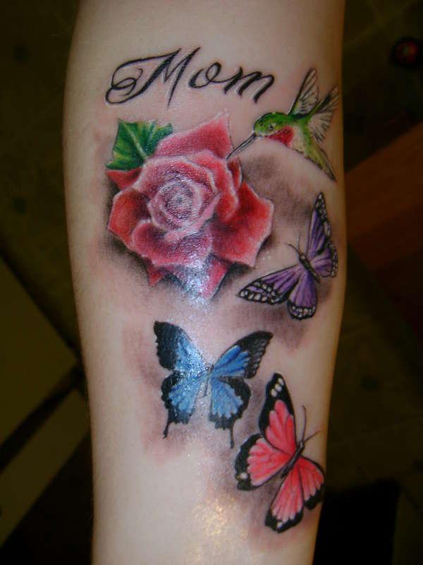 Mom - Memorial Rose With Butterflies Tattoo Design