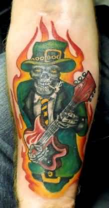 Nice Skeleton Playing Guitar Leprechaun Tattoo