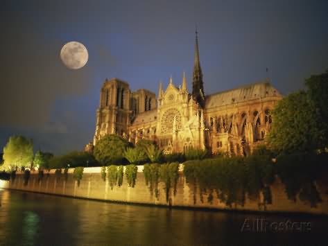Notre Dame de Paris At Night With Full Moon