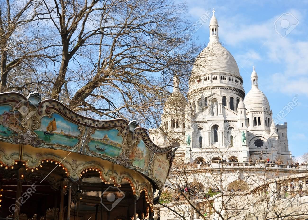 Old Carousel And Basilique Sacre-Coeur In Paris
