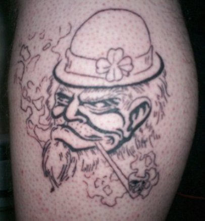 Outline Smoking Leprechaun Head Tattoo
