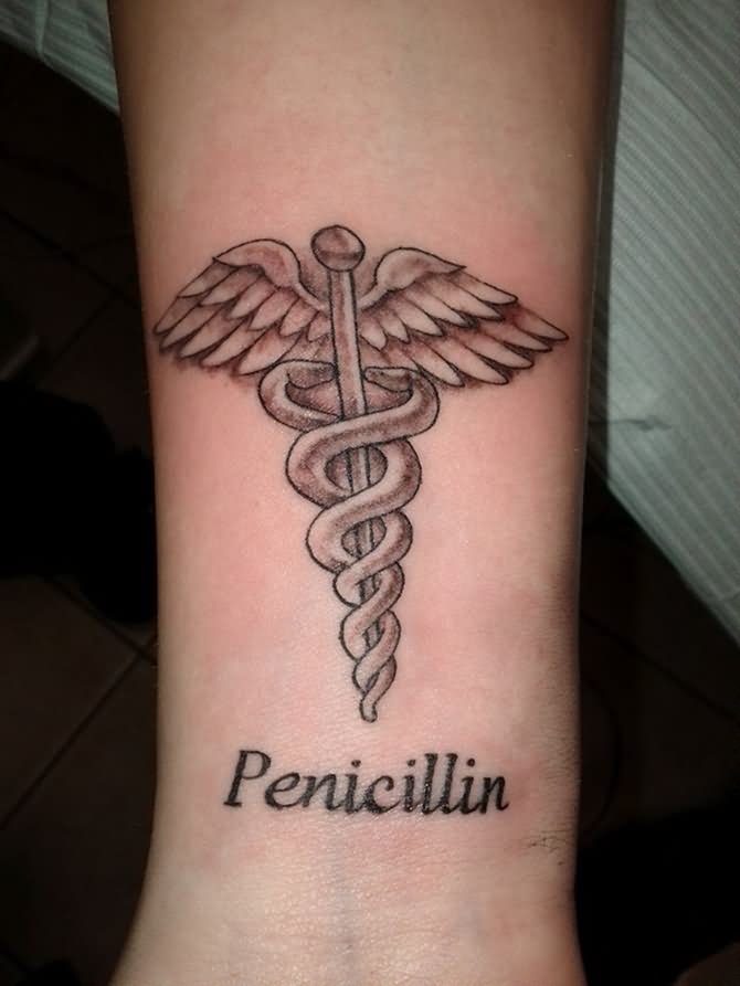 Penicillin - Grey Ink Medical Symbol Tattoo Design For Men Wrist