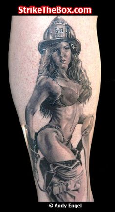 Pin Up Firefighter Girl Tattoo Design For Half Sleeve