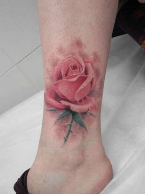 Pink 3D Floral Tattoo On Leg